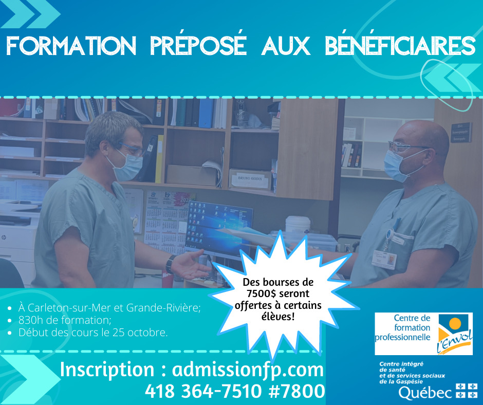 Formation Préposé(e) aux bénéficiaires CFP l'Envol de Carleton Centre de services scolaire